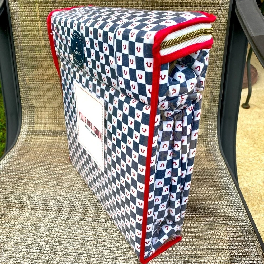 True Religion Blue Red White Plaid Polyester QUEEN Sheet Set 6pc